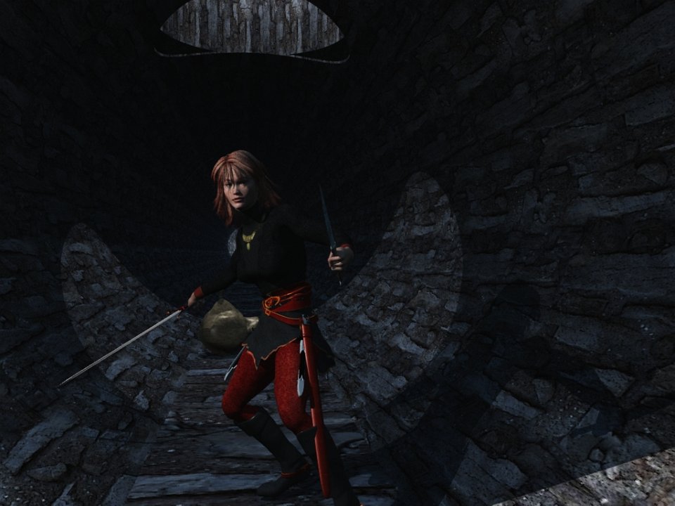 Lynien in the Tube.jpg - "Lynien in the Tube"A scene from the Alair Returns campaign. The tiefling thief Lynien Savanoth, having dared the lair of Setram the dragon and made off with her loot, is surprised by the approach of a band of slitheren ratmen intent on the same objective. This means trouble.